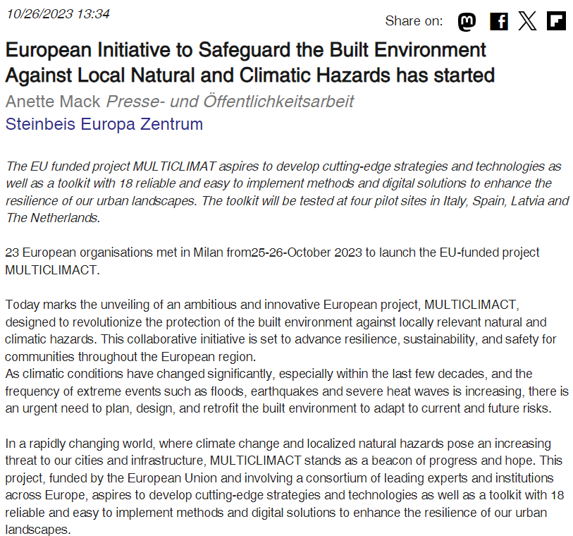 European Initiative to Safeguard the Built Environment Against Local Natural and Climatic Hazards has started